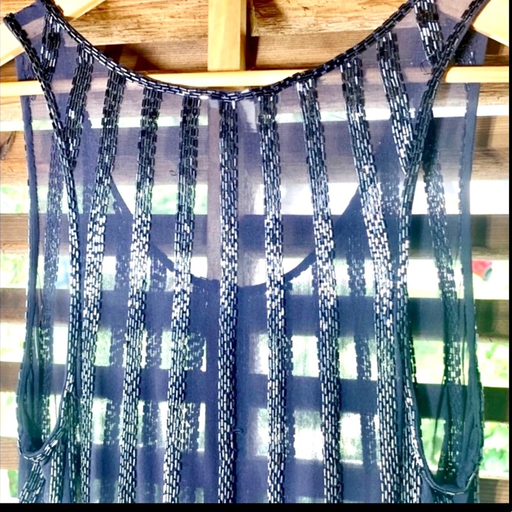 Joie NWOT SILK Sequin Tank Navy Blue XS Top Shirt Camisole Sheer Sparkly - Picture 5 of 15